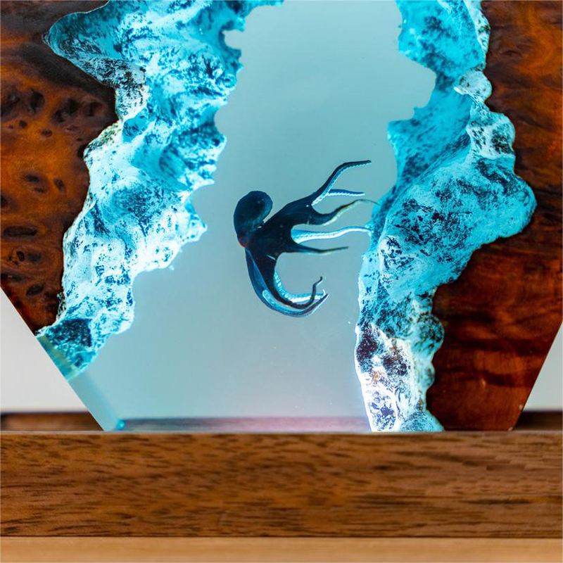Lámpara Nocturna Pequeña de Resina con Buzo y Pulpo en 3D, Artesanías Hechas a Mano de Epoxi